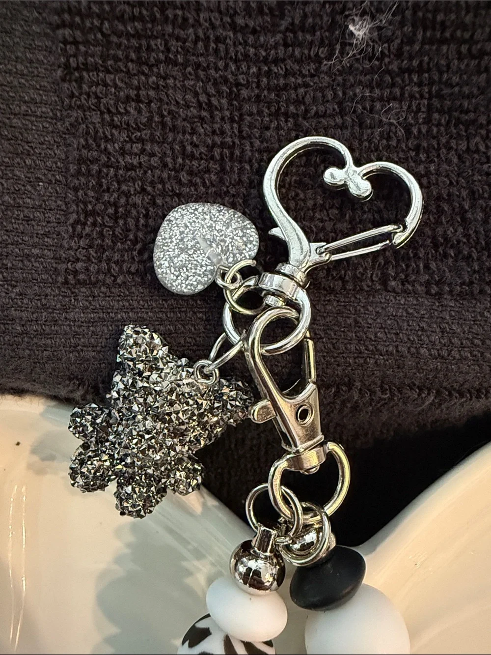 Black & White Beaded Keychain with Glitter Bear Charm